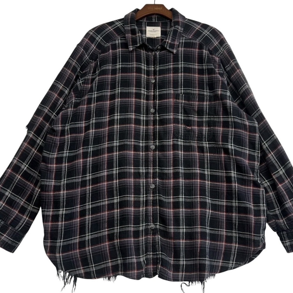 American Eagle Oversized Plaid Flannel Shirt Floral Embroidered Distressed XXL